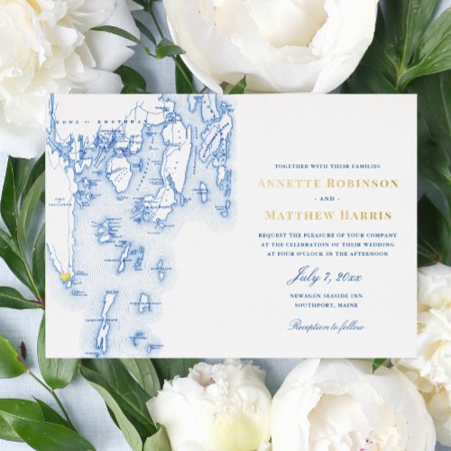 Southport Maine Wedding Elegant Navy and Gold Foil Invitation