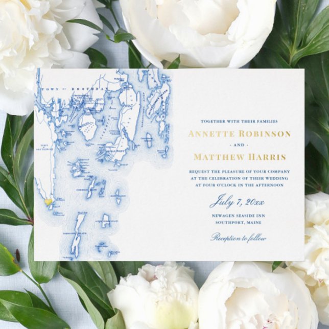 Southport Maine Wedding Elegant Navy and Gold Foil Invitation (Creator Uploaded)
