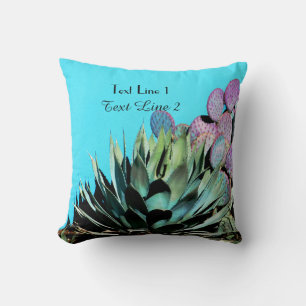 Southwest Agave and Purple Cactus on Turquoise Throw Pillow