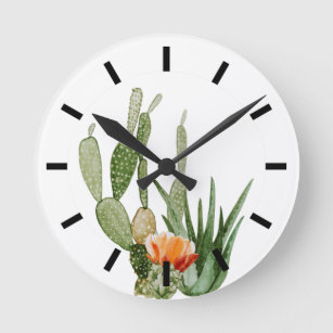 Southwest Agave Plant Cactus Cacti Watercolor  Round Clock