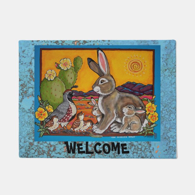 Southwest Animal Welcome Turquoise Quail Rabbit Doormat (Front)