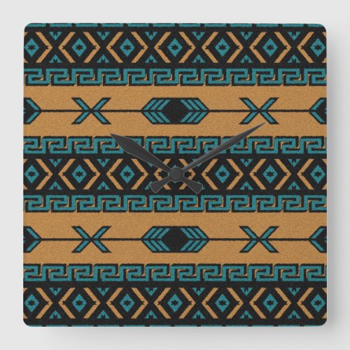 Southwest Aztec Pattern Turquoise And Tan Square Wall Clock