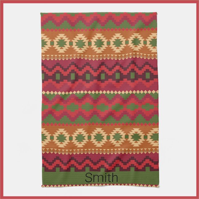 Southwest Aztec Style Pink Green and Brown Kitchen Towel (Bookmark my store! https://www.zazzle.com/store/capricepetit)