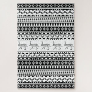 Southwest Black and White Rabbit Geometric Pattern Jigsaw Puzzle