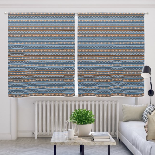 Southwest Blue & Brown Geometric Pattern 50x63in Blackout Curtains (Living Room)