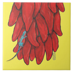Southwest Blue Lizard Red Chile Pepper Mural Ceramic Tile