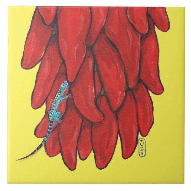 Southwest Blue Lizard Red Chile Pepper Mural Ceramic Tile (Front)