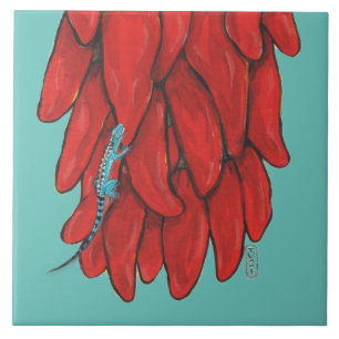 Southwest Blue Lizard Red Chile Pepper Mural Ceramic Tile