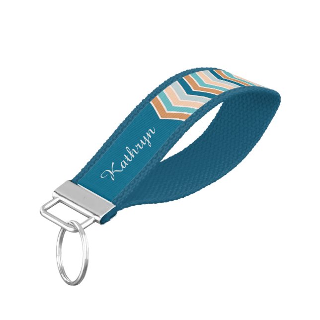 Southwest Blues Chevron Pattern Personalized Wrist Keychain (Angled Down)