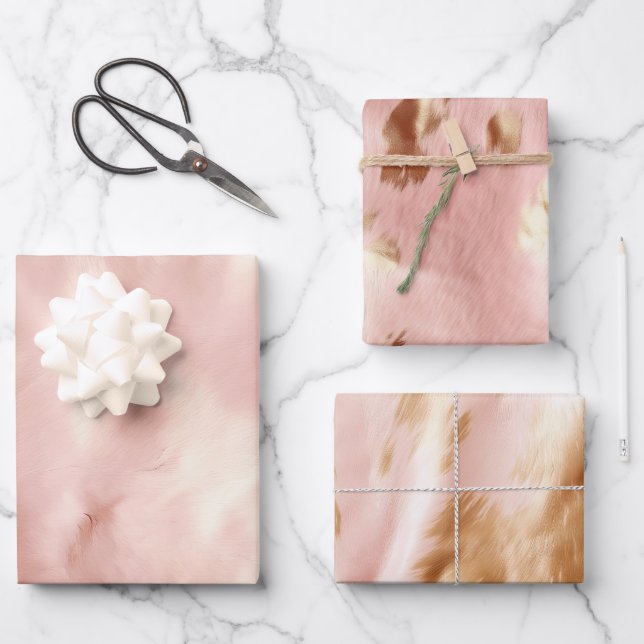 Southwest Blush Pink Gold Cowgirl Cowhide Wrapping Paper Sheets (Front)
