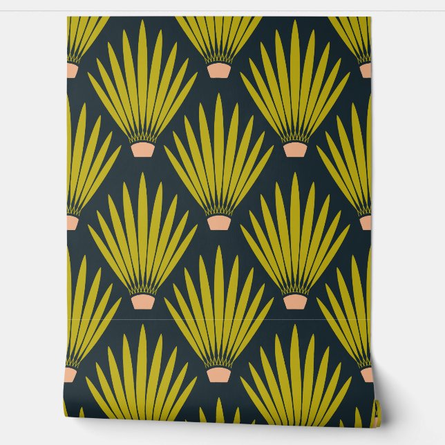 Southwest Boho Desert Cactus Palm Leaves - Navy Wallpaper (Unrolling)
