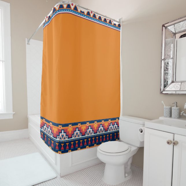 Southwest Boho Orange Blue Native Style Pattern Shower Curtain (In Situ)