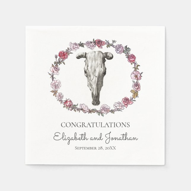 Southwest Boho Wedding Cow Skull & Roses Flowers Napkins (Front)