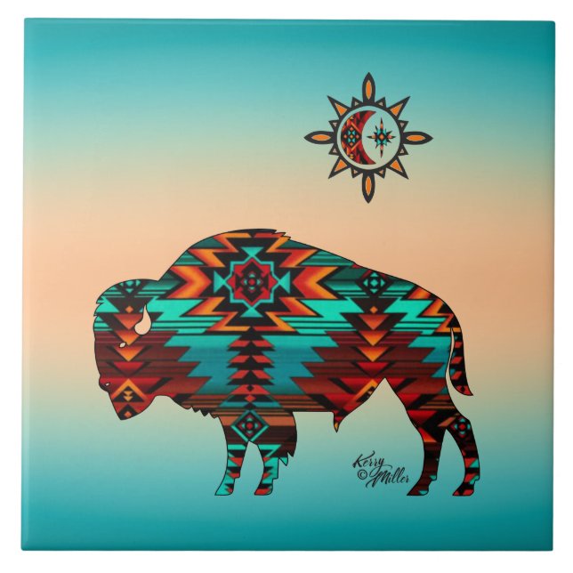 Southwest Buffalo And Sun Ceramic Tile (Front)