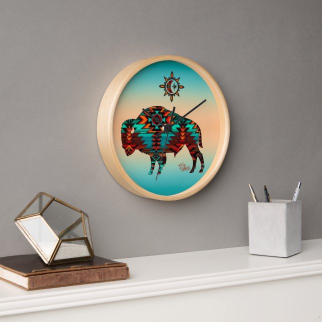 Southwest Buffalo Round Wood Wall Clock (Office)