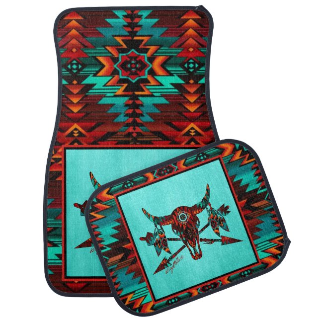 Southwest Buffalo Skull and Arrow Car Floor Mat (Set)