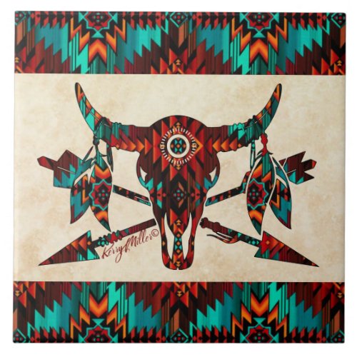 Southwest Buffalo Skull And Arrows Ceramic Tile
