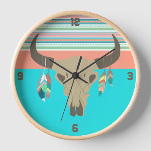 Southwest Bull Skull and Feathers Clock