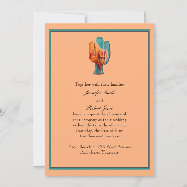 Southwest Cactus and Buffalo Wedding Invitation (Front)