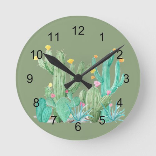 Southwest Cactus Cacti Watercolor Pretty Succulent Round Clock