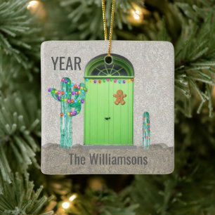 Southwest Cactus Christmas Lights Green Doors Ceramic Ornament