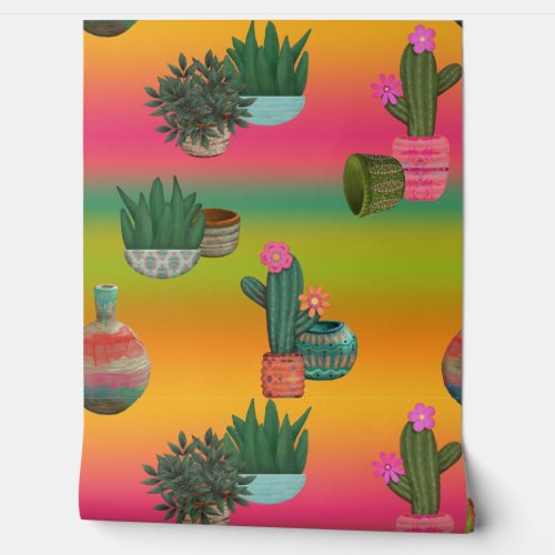 Southwest Cactus Flower Pots Ombre Beauty Wallpaper
