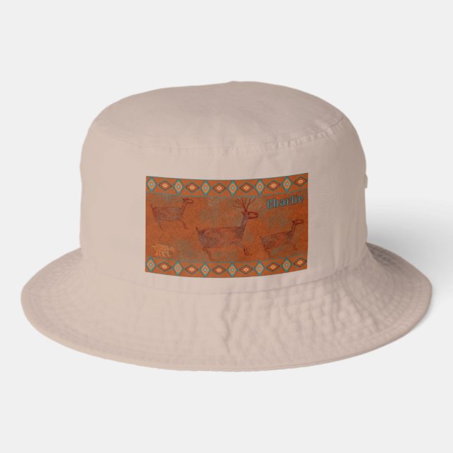 Southwest Canyon Deer & Bobcat Art Personalized Bucket Hat (Front)