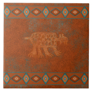 Southwest Canyons Bobcat Petroglyph Bordered Ceramic Tile