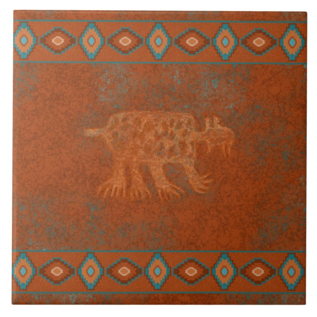 Southwest Canyons Bobcat Petroglyph Bordered  Ceramic Tile (Front)