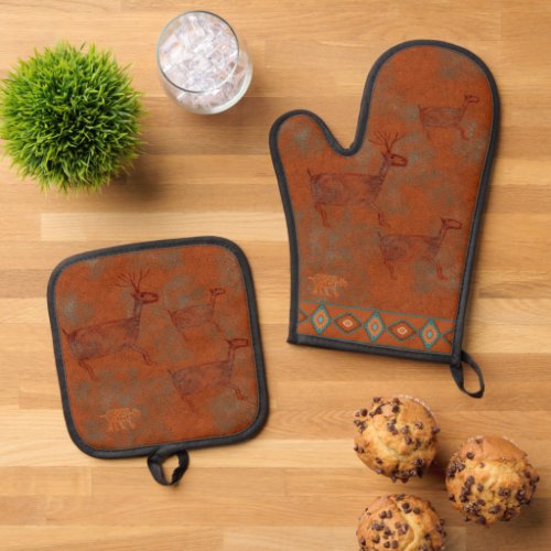 Southwest Canyons Deer and Bobcat Petroglyphs Oven Mitt  Pot Holder Set