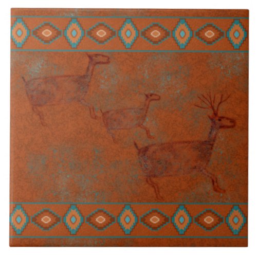 Southwest Canyons Deer Petroglyph Bordered  Ceramic Tile
