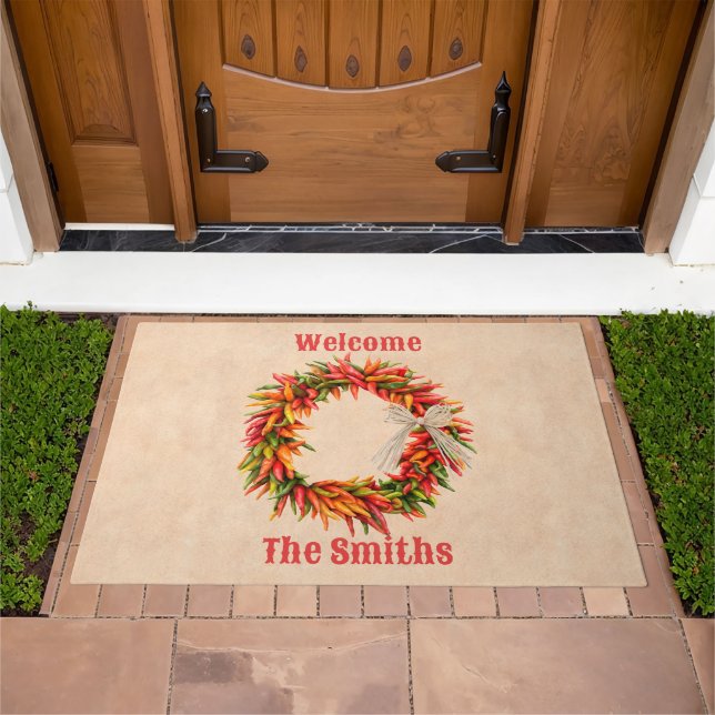 Southwest Chile Ristra Wreath Adobe Personalized Doormat (Outdoor)