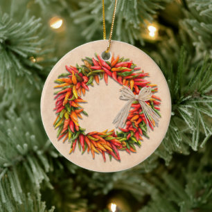 Southwest Chile Ristra Wreath on Adobe Wall Ceramic Ornament