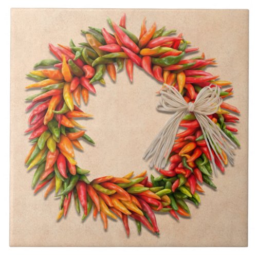 Southwest Chile Ristra Wreath on Adobe Wall Ceramic Tile