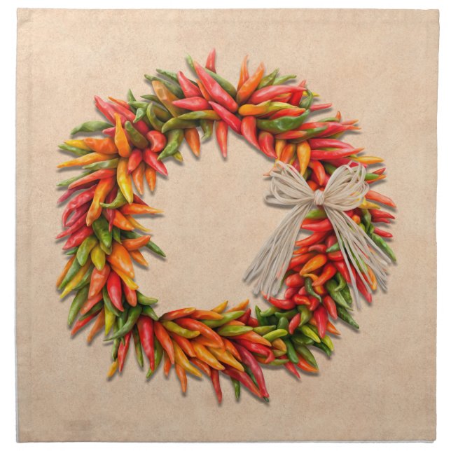 Southwest Chile Ristra Wreath on Adobe Wall Cloth Napkin (Front)