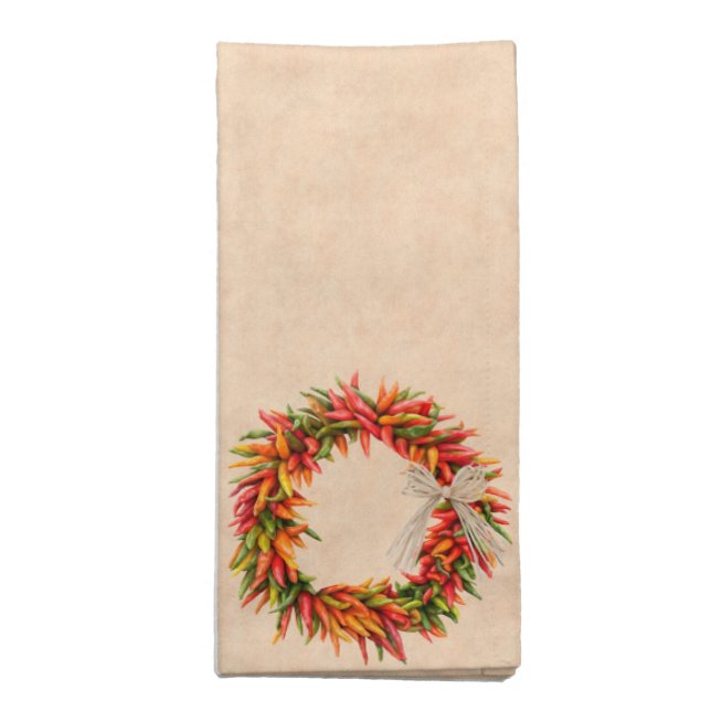 Southwest Chile Ristra Wreath on Adobe Wall Cloth Napkin (Folded)