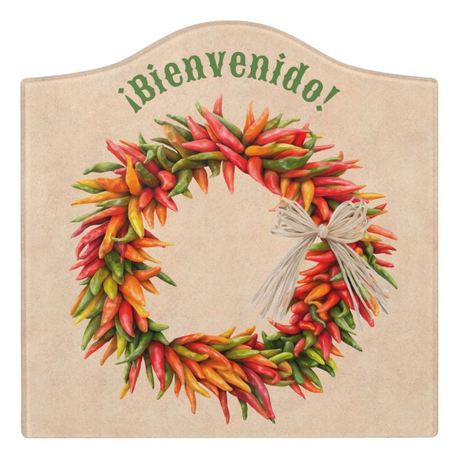 Southwest Chile Ristra Wreath on Adobe Wall Door Sign (Large Crest Front)