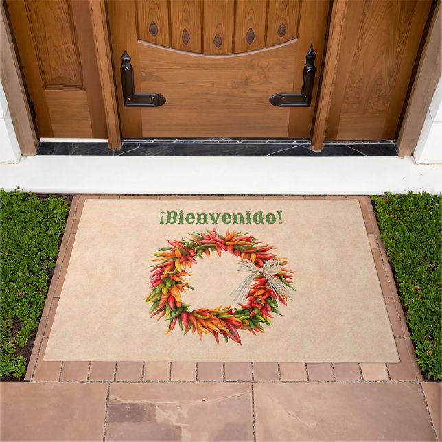 Southwest Chile Ristra Wreath on Adobe Wall Doormat (Outdoor)