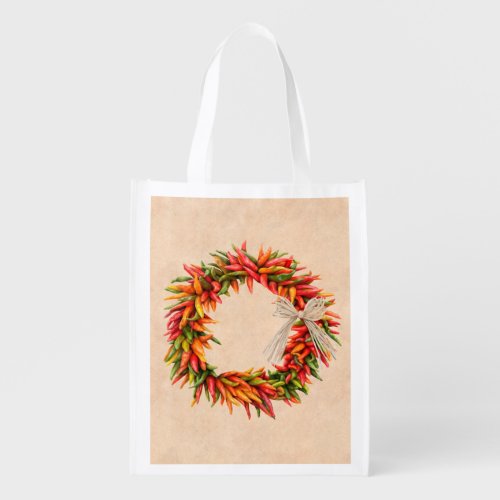 Southwest Chile Ristra Wreath on Adobe Wall Grocery Bag