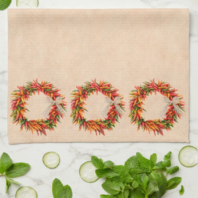 Southwest Chile Ristra Wreath on Adobe Wall Kitchen Towel (Folded)