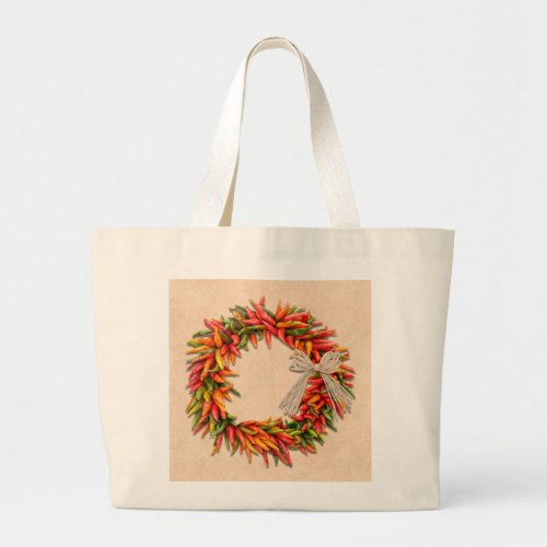 Southwest Chile Ristra Wreath on Adobe Wall Large Tote Bag