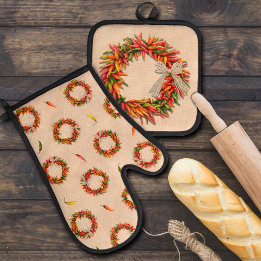 Southwest Chile Ristra Wreath on Adobe Wall Oven Mitt & Pot Holder Set