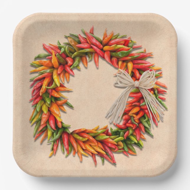 Southwest Chile Ristra Wreath on Adobe Wall Paper Plates (Front)