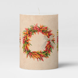 Southwest Chile Ristra Wreath on Adobe Wall Pillar Candle