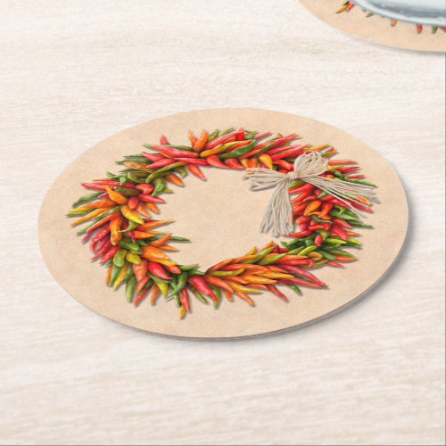 Southwest Chile Ristra Wreath on Adobe Wall Round Paper Coaster