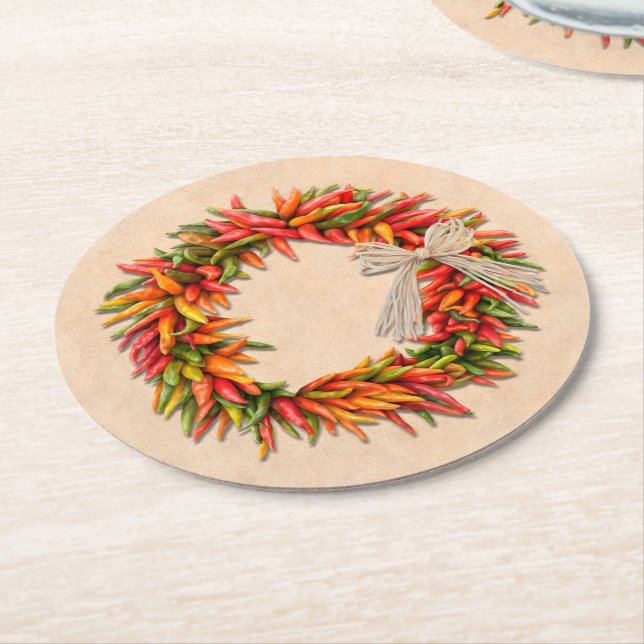 Southwest Chile Ristra Wreath on Adobe Wall Round Paper Coaster (Angled)