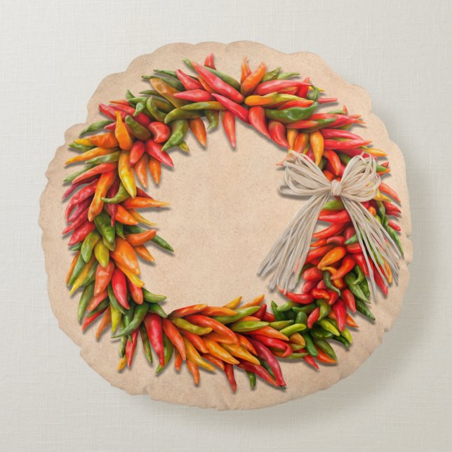 Southwest Chile Ristra Wreath on Adobe Wall Round Pillow (Front)