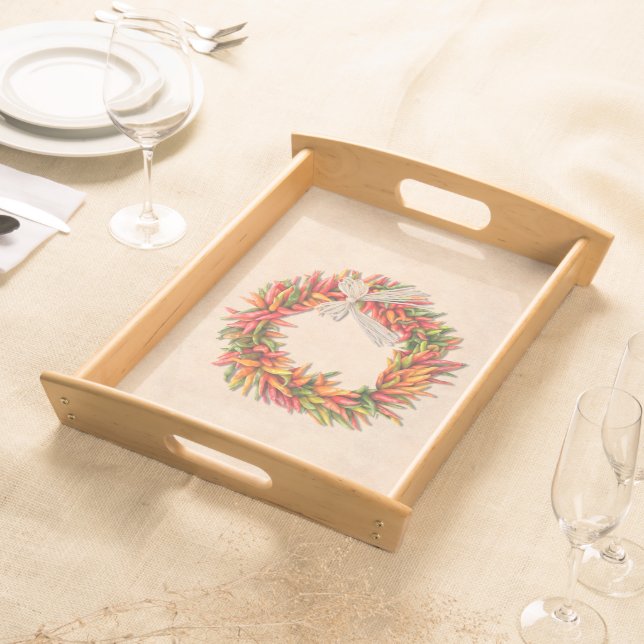 Southwest Chile Ristra Wreath on Adobe Wall Serving Tray (Front)