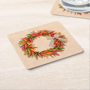 Southwest Chile Ristra Wreath on Adobe Wall Square Paper Coaster