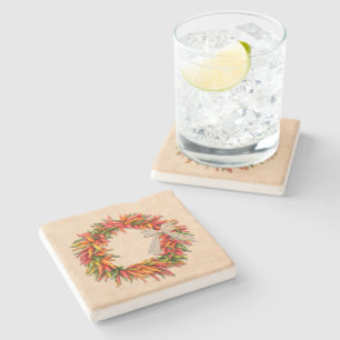Southwest Chile Ristra Wreath on Adobe Wall Stone Coaster